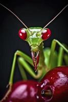 green preying mantis holding a red cherry, generat ai photo