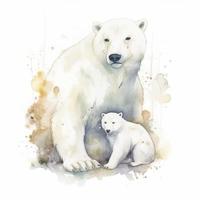 free mother white bear with white bear child water color, pastel ,white background , generat ai photo