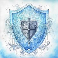 web site hero, a knight's shield, in style of Watercolor with ink pen outline, inspiring, intricate, gradients of blue, generat ai photo