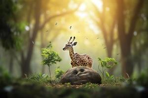 Photo concept nature reserve conserve wildlife reserve tiger deer global warming food loaf ecology human hands protecting the wild and wild animals tigers deer, generat ai