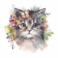 cat with flowers on head, watercolor and pastel colors, generat ai photo