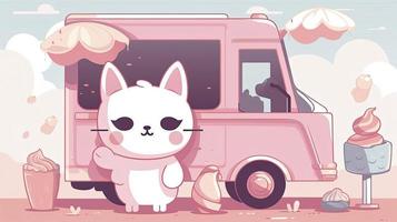 un 2d animado kawaii escena, un linda chibi gato en pie en frente de un hielo crema camión, 2d dibujos animados estilo, generar ai foto