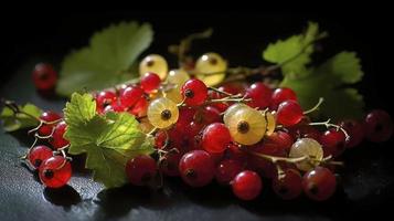 an image of red currant berries and yellow leaves, in the style of light red and light emerald, generat ai photo