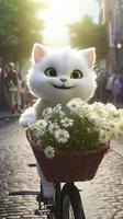 super cute adorable fluffy white kitty smiles happily, rides a bicycle with a flower basket to send flowers, bright big eyes, cute smile, generat ai photo