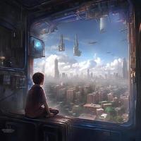 child sitting at apartment window looking outside, mid day sky clouds sci-fi environment, looking into robotic cantilever shipping containers below floating spacecraft cargo god ray lights, generat ai photo