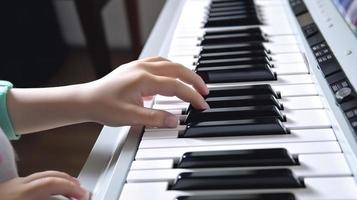 gratis foto pequeño niña aprende a jugar el piano con en línea distancia aprendizaje música, generar ai