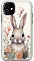 mano participación un iphone 14 Pro max caso, un en pie Conejo participación un tulipán, generar ai foto