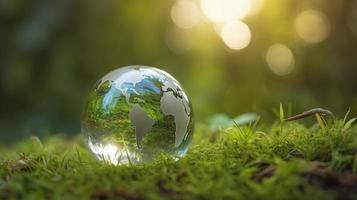 a glass globe concept day earth save the world save environment the world is in the grass of the green bokeh background, generat ai photo