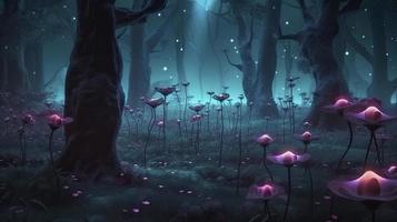 Fantasy forest at night, magic glowing flowers in fairytale wood, Generate Ai photo