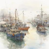 light watercolor, boats at the harbor on white background, Generate Ai photo