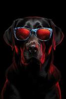 a charming and playful image of a black Labrador wearing red sunglasses, Generate Ai photo