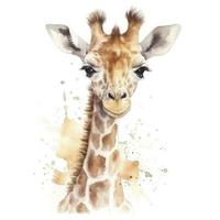 linda pequeño bebé jirafa, agua color, pastel color en blanco antecedentes , generar ai foto