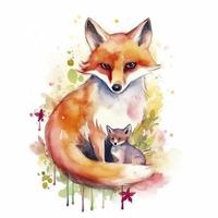 free fox mother with fox child water color, pastel ,white background , generat ai photo