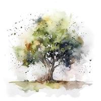pradera, uno árbol, agua color, pastel color con blanco fondo, generar ai foto