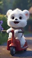 super cute adorable fluffy little puppy smiling happily, very happy, riding an electric scooter with a rugosa basket to send rugosa, generat ai photo