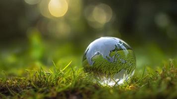 a glass globe concept day earth save the world save environment the world is in the grass of the green bokeh background, generat ai photo