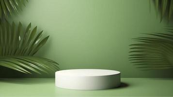 White product podium and tropical palm leaves shadow on green background, generat ai photo