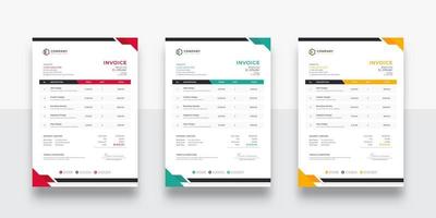 creative and Clean business Invoice design template. Creative invoice template vector. Three-color variation creative invoice template design. Tax form, bill graphic or payment receipt page set vector