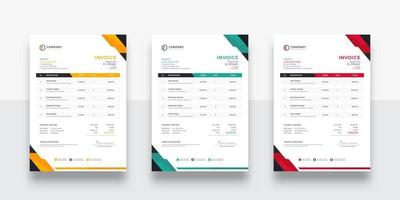 Abstract Modern and Creative Corporate Business Invoice design template. Creative invoice template vector. Three-color variation creative invoice template design. Tax form, bill graphic or payment vector