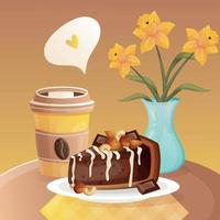 Romantic breakfast with coffee in a paper cup, a piece of chocolate cake with nuts on the plate and yellow daffodils in a vase on a brown table. Cute cartoon postcard with romantic lunch in restaurant vector