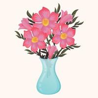 Spring pink bright gradient flowers with leaves in a vase. Lilies and poppies in a transparent vase. Spring cute card with flowers and plants for flower shop with white background vector