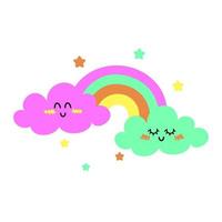 Cute smiling clouds with colorful rainbow and stars. Baby cute vector illustration