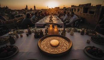 Ramadán iftar alimento, iftar comidas y reuniones, Ramadán iftar Eid. musulmán familia tiene cena a hogar. mesa con tradicional alimento. eid al-fitr celebraciones, generar ai foto