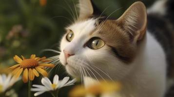 A playful cat chasing a butterfly around a garden full of flowers, Generate Ai photo