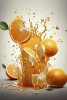Orange and milk poster, several oranges, splashes of milk, Generate Ai photo