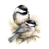 free chickadee mother with chickadee child water color, pastel ,white background, generat ai photo