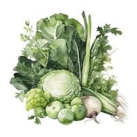 fresh green vegetables watercolor no  white background, Generate Ai photo