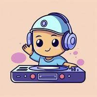 Cute dj playing music cartoon icon illustration. people music icon concept isolated. flat cartoon style, generat ai photo