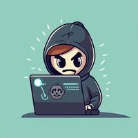 Hacker operating a laptop cartoon icon illustration. technology icon concept isolated . flat cartoon style, generat ai photo