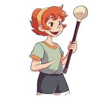cheerful red-haired girl with a short haircut holds a baseball bat in her hands, generat ai photo