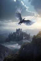 flying winged stalion, silver quartz wings, blue flaming eyes, elvish castle in the clouds distant hills background, generat ai photo