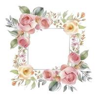 watercolor, cute and perfect rose flower and blooms, wedding decorative perfect rectangle frame border, white background, generat ai photo