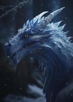 a white dragon walking in the snow, in the style of otherworldly illustrations, gigantic scale, eerily realistic, anime-inspired characters, weathercore, enigmatic portraits, spiky mounds, generat ai photo