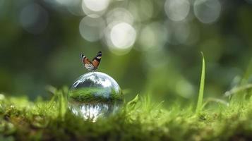 Concept save the world save environment the world is in the grass of the green bokeh background, generat ai photo