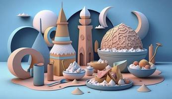 Iftar meals and gatherings, pastel colors, on blue background. Creativity of human.3d render and illustration, Generate Ai photo