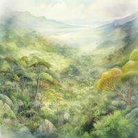 pan view of lush magical forest and mountains, watercolor art, Generate Ai photo