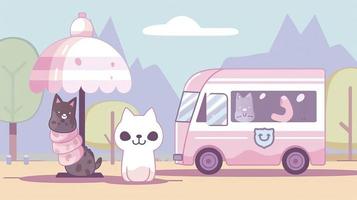 un 2d animado kawaii escena, un linda chibi gato en pie en frente de un hielo crema camión, 2d dibujos animados estilo, generar ai foto