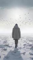 a man in a white hoodie is walking along the white snowy desert, hiding his face and fluttering in the cold winter wind,  generat ai photo
