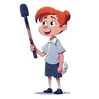 cheerful red-haired girl with a short haircut holds a baseball bat in her hands, generat ai photo