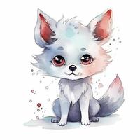 adorable Wolf, happy, smiling, cute, soft, fluffy, big eyes Watercolor, sunshine, soft light, character design cute style, generat ai photo