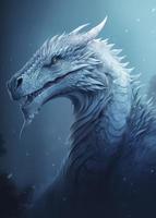 a white dragon walking in the snow, in the style of otherworldly illustrations, gigantic scale, eerily realistic, anime-inspired characters, weathercore, enigmatic portraits, spiky mounds, generat ai photo