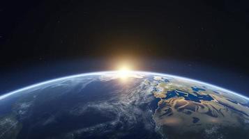 Photo 3d render sunrise view from space on planet earth, generat ai