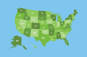 Vector united states of america map on blue background with states short name