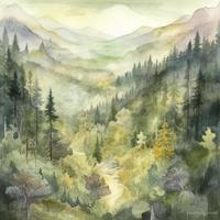 pan view of lush magical forest and mountains, watercolor art, Generate Ai photo