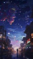 un estrellado cielo con personas caminando en él, en el estilo de anime arte, vistoso turbulencia, generar ai foto