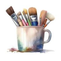 cup with brushes very light pastel colors, watercolor, light colors on white background, generat ai photo